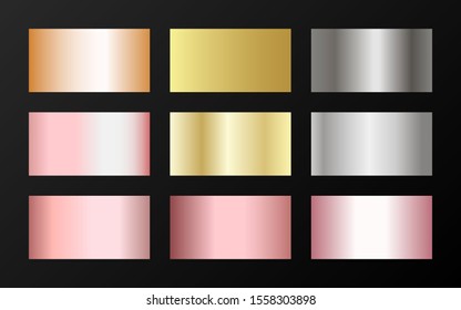 Cool golden, silver, bronze, rose gold gradients. Metallic foil texture silver, steel, chrome, platinum, copper, bronze, aluminum, rose gold gradient swatches.  Stylish metallic swatches set.