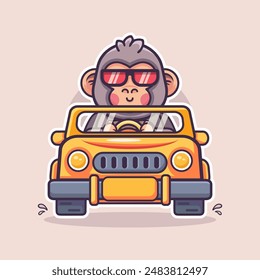 mascota de personaje animal de gorila genial conduciendo un coche caricatura aislada