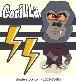 cool gorilla boy cartoon  on striped background illustration vector, T-Shirt and print design for kids.