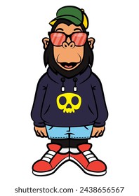 Cool Gorilla cartoon characters wearing trucker caps, sunglasses, hoodie jacket, jeans shorts, and sneakers. Best for mascot, logo, and sticker for streetwear shop