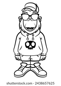 Cool Gorilla cartoon characters wearing trucker caps, sunglasses, hoodie jacket, jeans shorts, and sneakers. Best for outline, logo, and sticker for streetwear shop