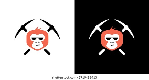 Cool Gorilla Head Symbol Symbol Maskottchen Tragen Sonnenbrille mit zwei Mining Tools Template Vektor