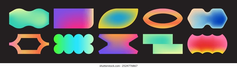 Cool gradient abstract geometric shapes set. Trendy Y2K retro badges collection. Vector sticker, label, frame elements