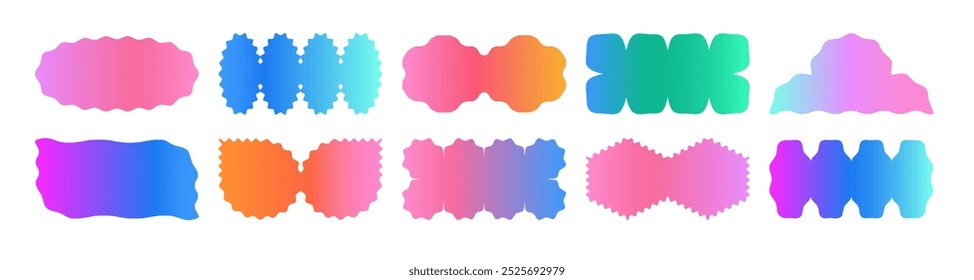 Cool gradient abstract geometric shapes set. Trendy Y2K retro badges collection. Vector sticker, label, frame elements