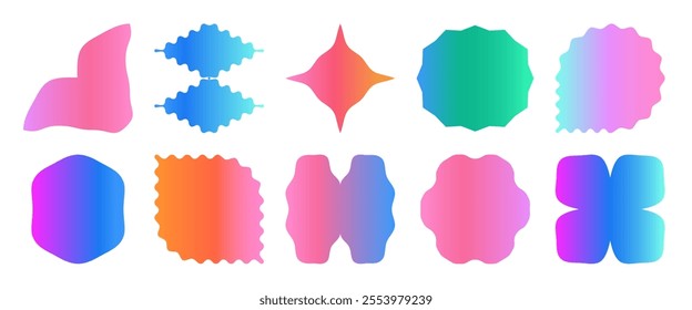 Cool gradient abstract jagged edge geometric shapes set. Trendy Y2K retro badges collection. Vector sticker, label, frame elements for contemporary design