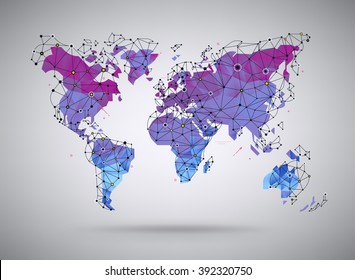 Cool gradient colored polygonal world map illustration with wireframe polygonal mesh elements and dots. Ideal for data visualization and infographics Cool vector abstract world map background