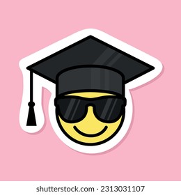 graduado genial, cara sonriente con gafas de sol con sombrero de graduación, pegatina de sonrisa linda, elemento de diseño de vector estético groovy