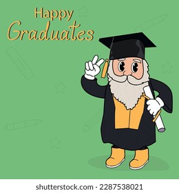 Cool graduation card with dwarf in mantle and academic hat. Cartoon gnome in retro style holding diploma