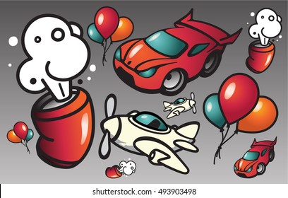 Cool graffiti style vector cartoon illustrations of soda can, sports car, flying jet plane and colourful baloons