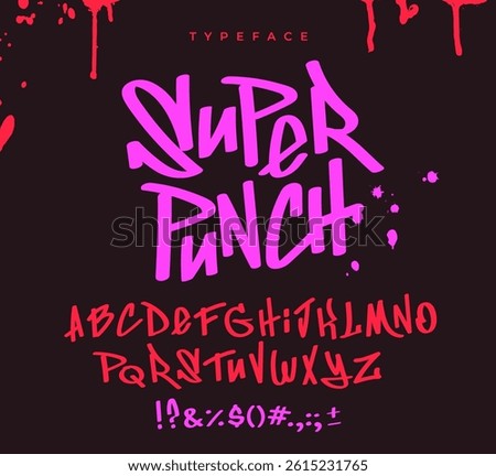 Cool graffiti typeface. Set of grunge street art letters in modern style. Energetic typography or font for quotes and prints on t shirts. Flat hand drawn vector illustration