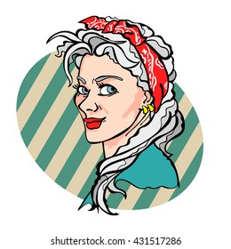 Cool Grandma. Beautiful Old Woman. Pop Art Illustration. Striped Background.