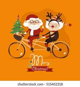 Cool grandma with grandpa as santa claus and reindeer riding a bicycle tandem