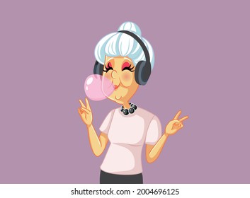 
Cool Grandmother Chewing Bubble Gum Listening to Music. Cheerful old woman feeling young wearing headphones blowing bubblegum
