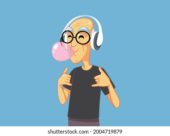 Cool Grandpa Chewing Bubble Gum Listening To Music. Cheerful Old Man Feeling Young Rocking Headphones Blowing Bubblegum
