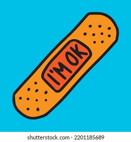 Cool Graphic Band-Aid I'm OK Illustration, icon, vector, symbol, web, button, sign, medical, emergency, cure, bandage, health care, fix, heal, injury, hospital, help, health, aid, care, treatment,tape