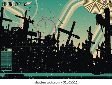 Cool graphic design of graveyard. Useful for Halloween party flyers, etc.