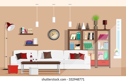 Cool graphic living room interior design with furniture: sofa, chairs, bookcase, table, lamps. Flat style vector illustration