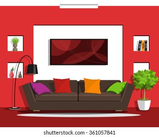 Cool graphic living room interior design with furniture. Flat style vector illustration