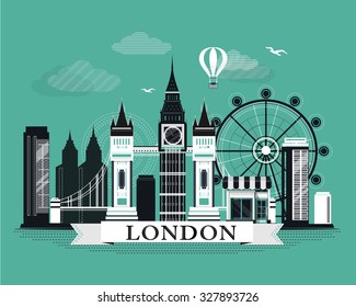 Cool graphic London city skyline poster with retro looking detailed design elements. Flat style landscape with landmarks.