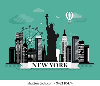  Cool graphic New York city skyline poster with retro looking detailed design elements. NY landscape with landmarks.