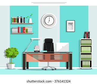  Cool Graphic Office Room Interior Design With Furniture: Chair, Table, Bookcase, Shelves, Lamp. Flat Style Vector Illustration 