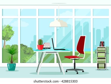 Cool Graphic Office Room Interior Design With Great Window And Furniture: Chair, Table, Bookcase, Lamp. Flat Style Vector Illustration.
