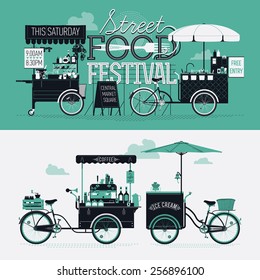 Cool graphic poster, flyer or horizontal banner design elements on Street food festival event with retro looking detailed vending portable carts selling coffee, hot dogs and ice cream. Cool lettering 