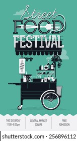 Cool Graphic Poster, Flyer Or Vertical Banner Design On Street Food Festival Event With Retro Looking Detailed Vending Portable Cart With Awning, Fork And Sample Text