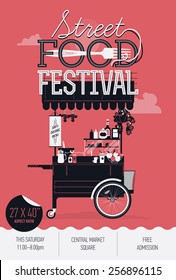 Cool graphic poster, flyer or vertical banner design on Street food festival event with retro looking detailed vending portable cart with awning, creative lettering, fork and sample text