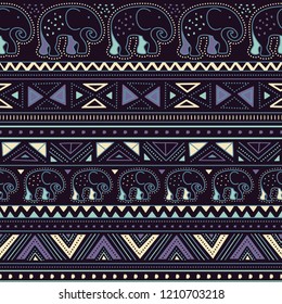 Cool graphic tribal vector pattern with walking elephants, seamless repeat. Trendy hand drawn navajo style. Great for apparel design, wallpapers, packaging materials, home decor, scrapbooking etc.