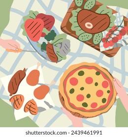 Cool graphic vector concept of picnic for summer vacation with barbecue grill, pizza, sandwiches, fresh bread, vegetables and bottle of water laid out on a red and white checked cloth.