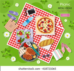 Cool graphic vector concept of picnic for summer vacation with barbecue grill, pizza, sandwiches, fresh bread, vegetables and bottle of water laid out on a red and white checked cloth. 