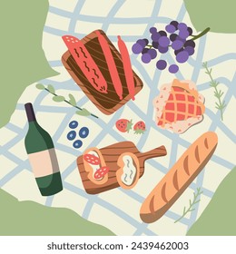 Cool graphic vector picnic concept for summer holidays with pies, hot dogs, wine, fresh bread, vegetables and fruits laid out on checkered fabric