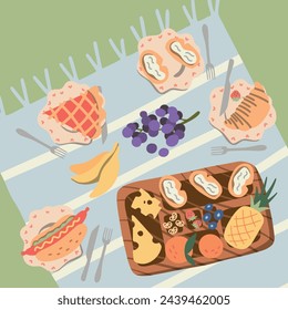 Cool graphic vector picnic concept for summer holidays with pies, hot dogs, wine, fresh bread, vegetables and fruits laid out on checkered fabric