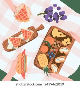 Cool graphic vector picnic concept for summer holidays with pies, hot dogs, wine, fresh bread, vegetables and fruits laid out on checkered fabric