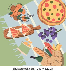 Cool graphic vector picnic concept for summer holidays with pies, hot dogs, wine, fresh bread, vegetables and fruits laid out on checkered fabric