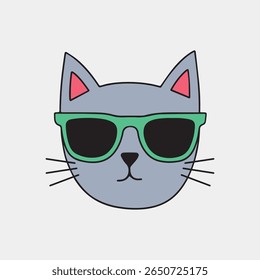 Cool gray cat with green sunglasses – minimalist cartoon illustration of a stylish feline with attitude, perfect for fun designs, kids decor, pet-related content, and quirky summer-themed artwork