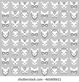 Cool gray line hardcore cartoon rock style flat hipster cat face pattern, cat with piercing, cat with cool hairstyle, cat in glasses, cat with headphones