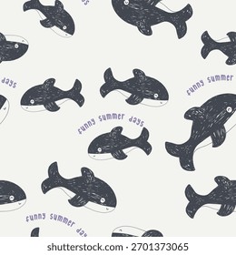 cool gray whale with tiny fish seamless print pattern graphic tee design for kids market as vector