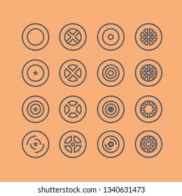 Cool and great abstract collection wheels circle pack icon, logo, emblem, sign and symbols with flat, modern and simple style. Abstraction wheel, rim made from basic shape 