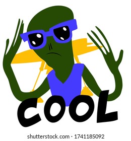 Cool green alien with glasses. Monster on the background of a golden flying saucer. An emotion of confidence, success and calm. Stock illustration for sticker, emblem, print, children's book, logo.