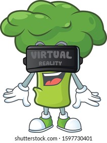 cool green broccoli character with Virtual reality headset