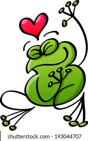 Cool green frog feeling in love  clenching its eyes  extending its left arm   enjoying the sweet moment showing red heart above its head