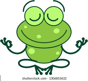 Cool green frog with long legs and arms doing a Gyan mudra sign with both hands. It's happily smiling while seated in peaceful meditation