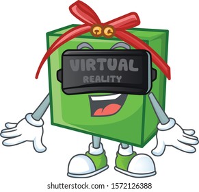 cool green gift box character in Virtual reality headset