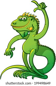Cool green iguana posing and raising its left arm while staring at you and pointing up with its finger as for presenting or showing something