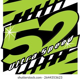 Cool green number 52 vector, ultra speed text, sticker print design. 