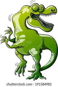 Cool green Tyrannosaurus Rex laughing, clenching its eyes and having a lot of fun while moving its body rhythmically for dancing animatedly