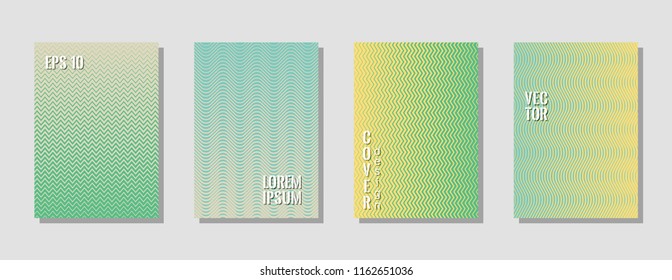 Cool green zig zag banner templates, wavy lines gradient stripes backgrounds for fashion cover. Curve shapes stripes, zig zag edge lines halftone texture gradient book covers set.