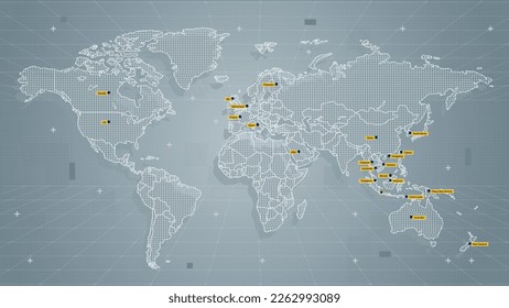 Cool gray Abstrak Technologi Vektortechnologie Stilisierte moderne Weltkarte Hintergrund Stilvolle Wireframe-Elemente und Punkte für die Datenvisualisierung und Infografik HUD GUI UI